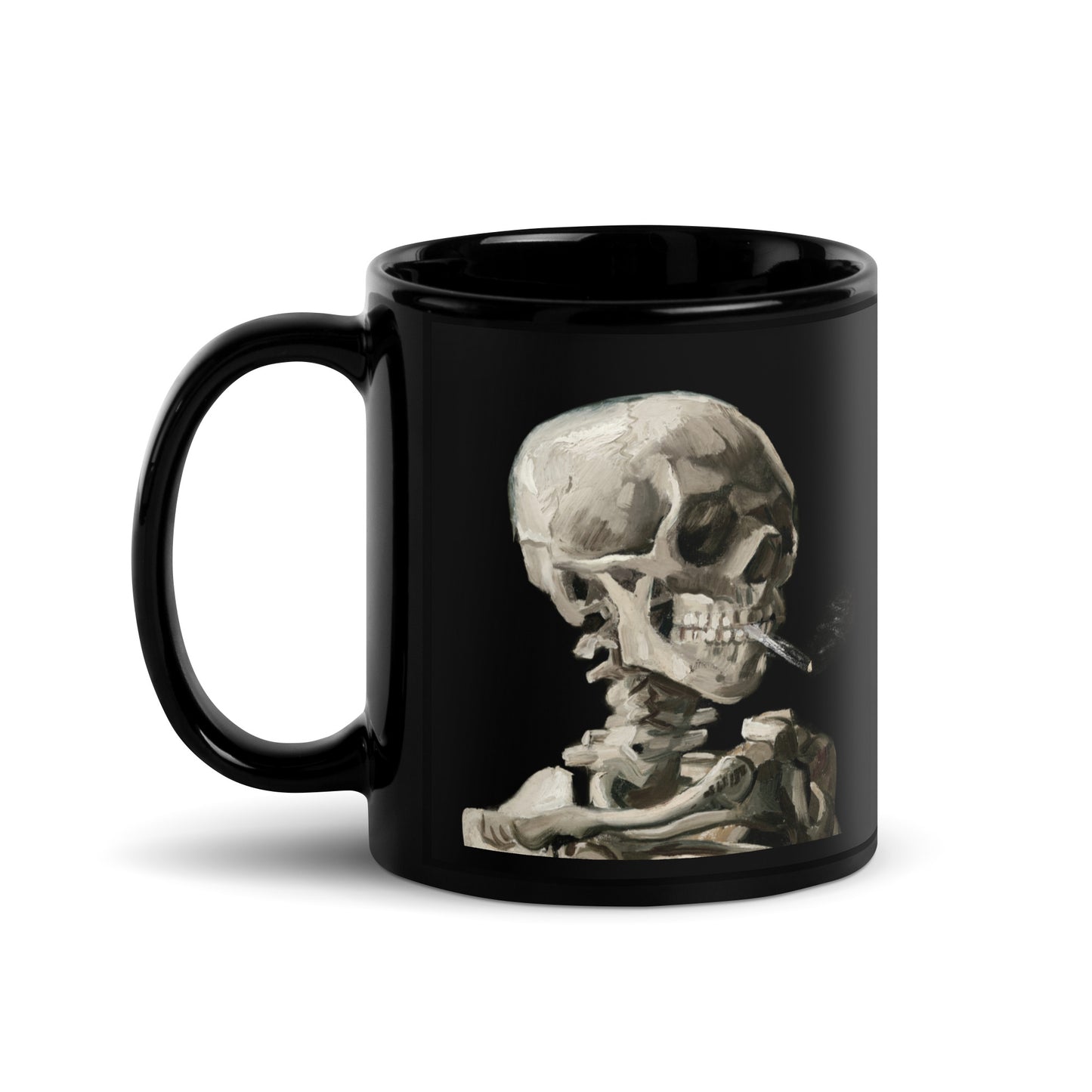 Skeleton with a Burning Cigarette, 11oz Black Mug